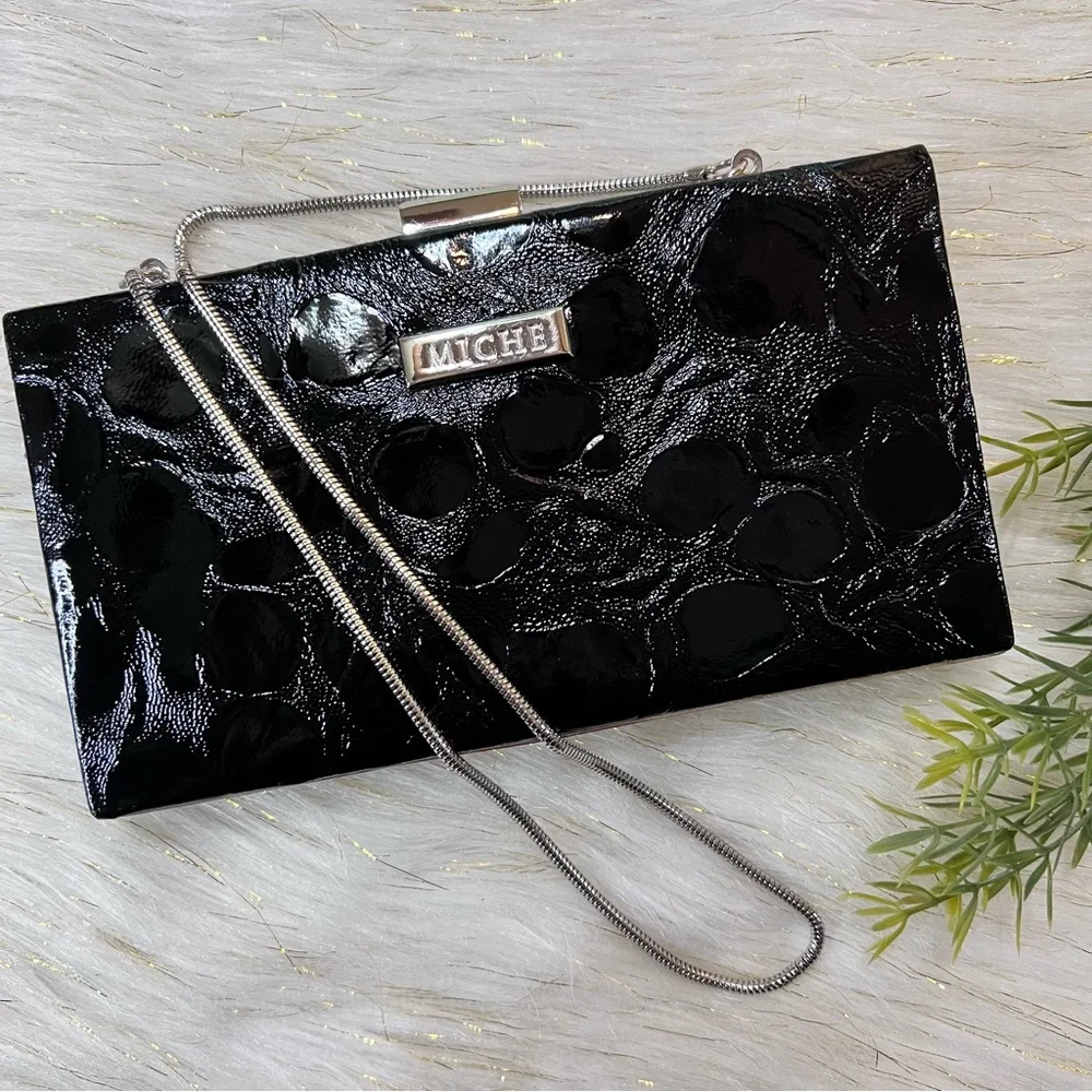 MICHE Black animal Print Faux Leather Silver tone Evening Clutch Bag NWOT - Picture 2 of 15